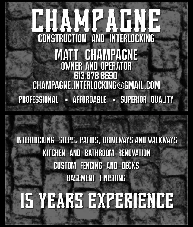 Champagne Construction and Interlocking business card: Matt Champagne, owner and operator, 613.878.8690
