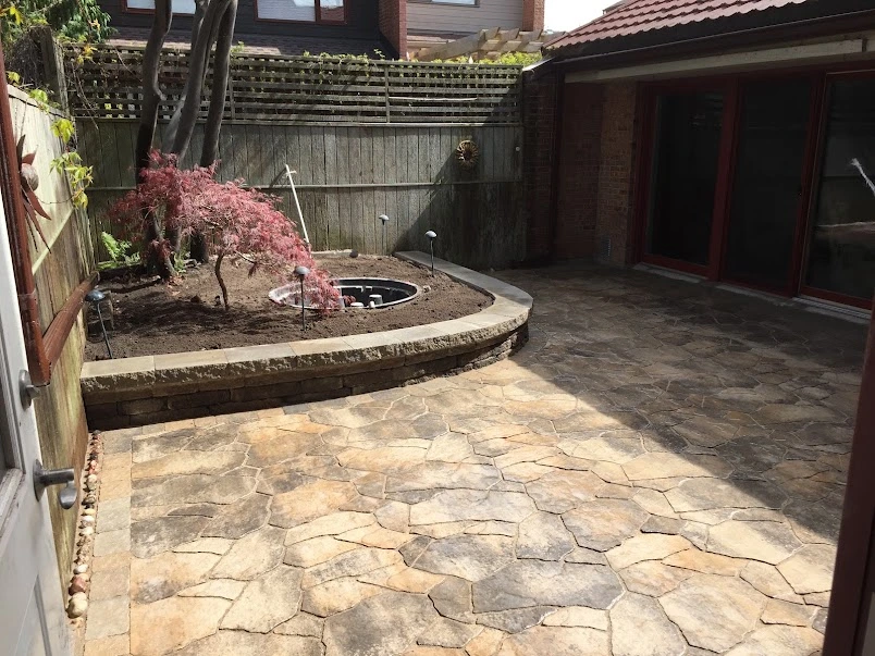 Flagstone-style interlock courtyard patio with a curved stone garden wall and Japanese maple